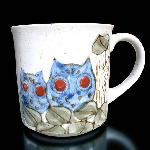 Vintage Hand Painted Owl Coffee Tea Mug Ogatari Style Stoneware Japan Blue - Picture 1 of 5